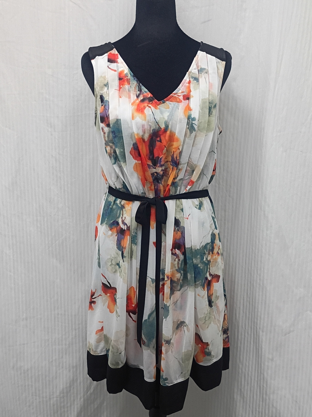 Simply Vera Vera Wang White Floral Midi Dress with Black Trim S